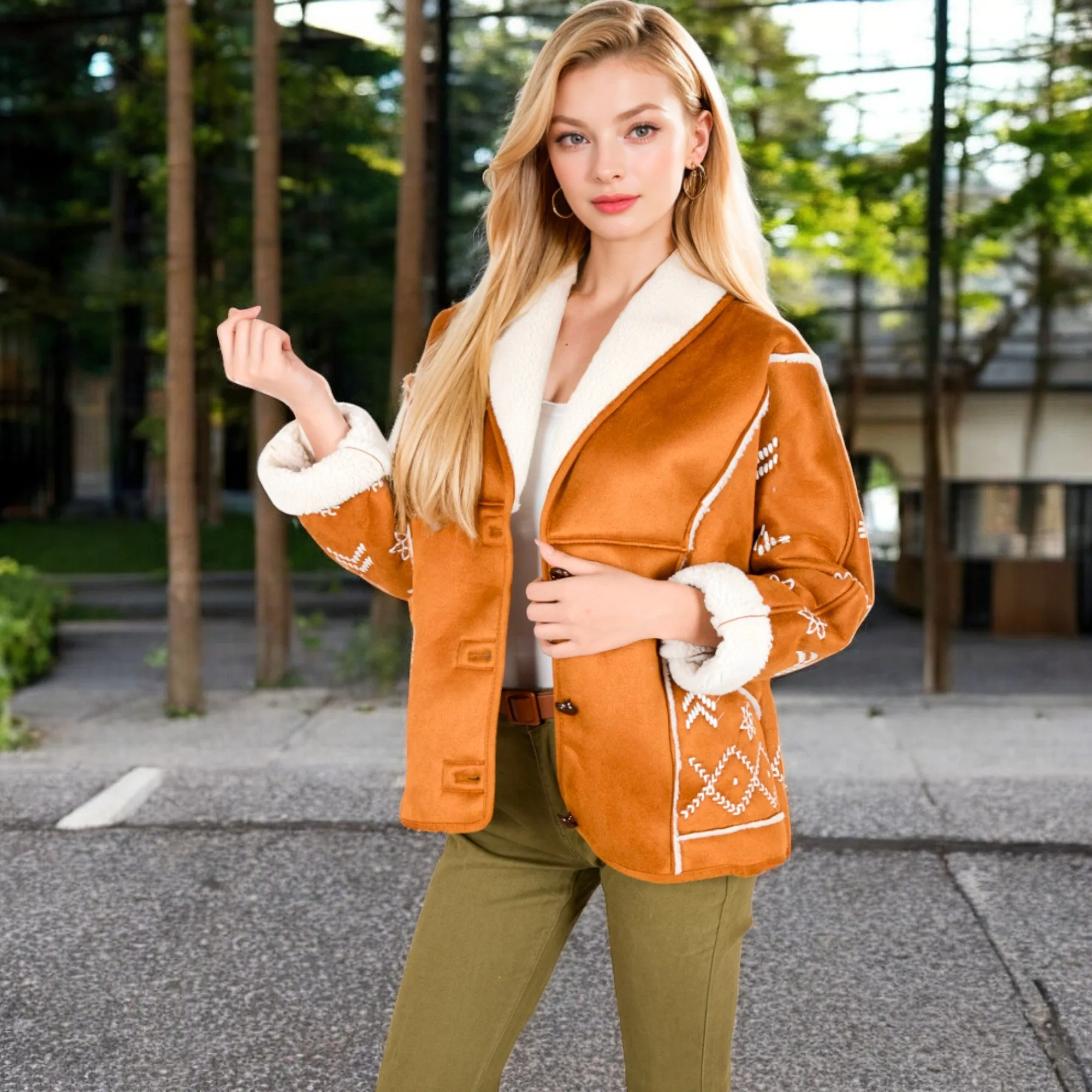 Anna-Kaci Women's Embroidered Faux Shearling Jacket with Shawl Collar