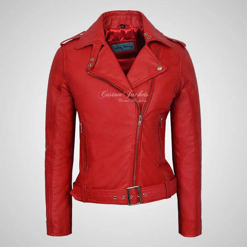 BRIELLE Womens Soft Leather Cross Zip Biker Jacket