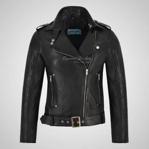 BRIELLE Womens Soft Leather Cross Zip Biker Jacket