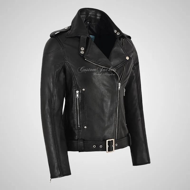 BRIELLE Womens Soft Leather Cross Zip Biker Jacket
