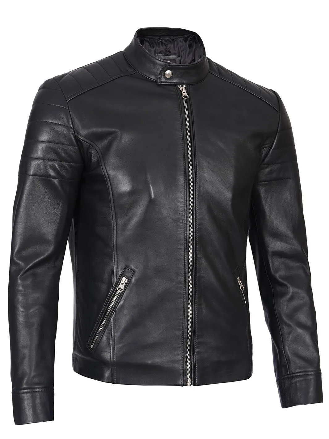 Carrie Mens Black Cafe Racer Real Leather Jacket