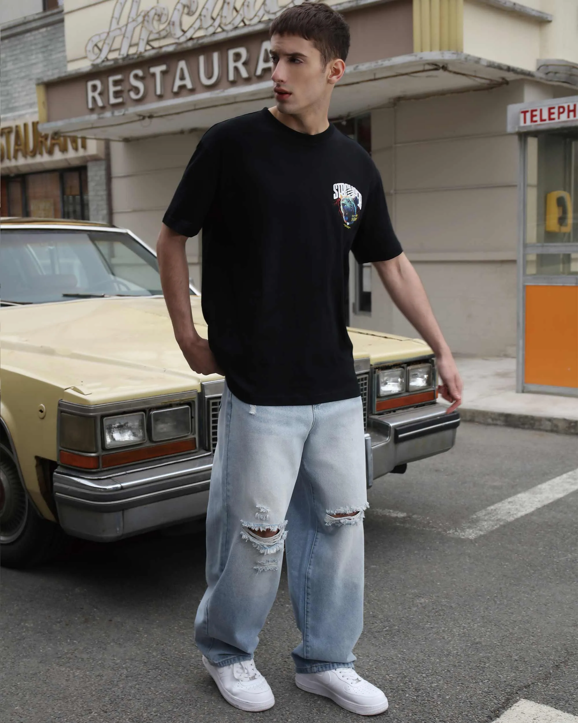 Casual and Versatile Blue Ripped Baggy Jeans-Mexico Local Delivery