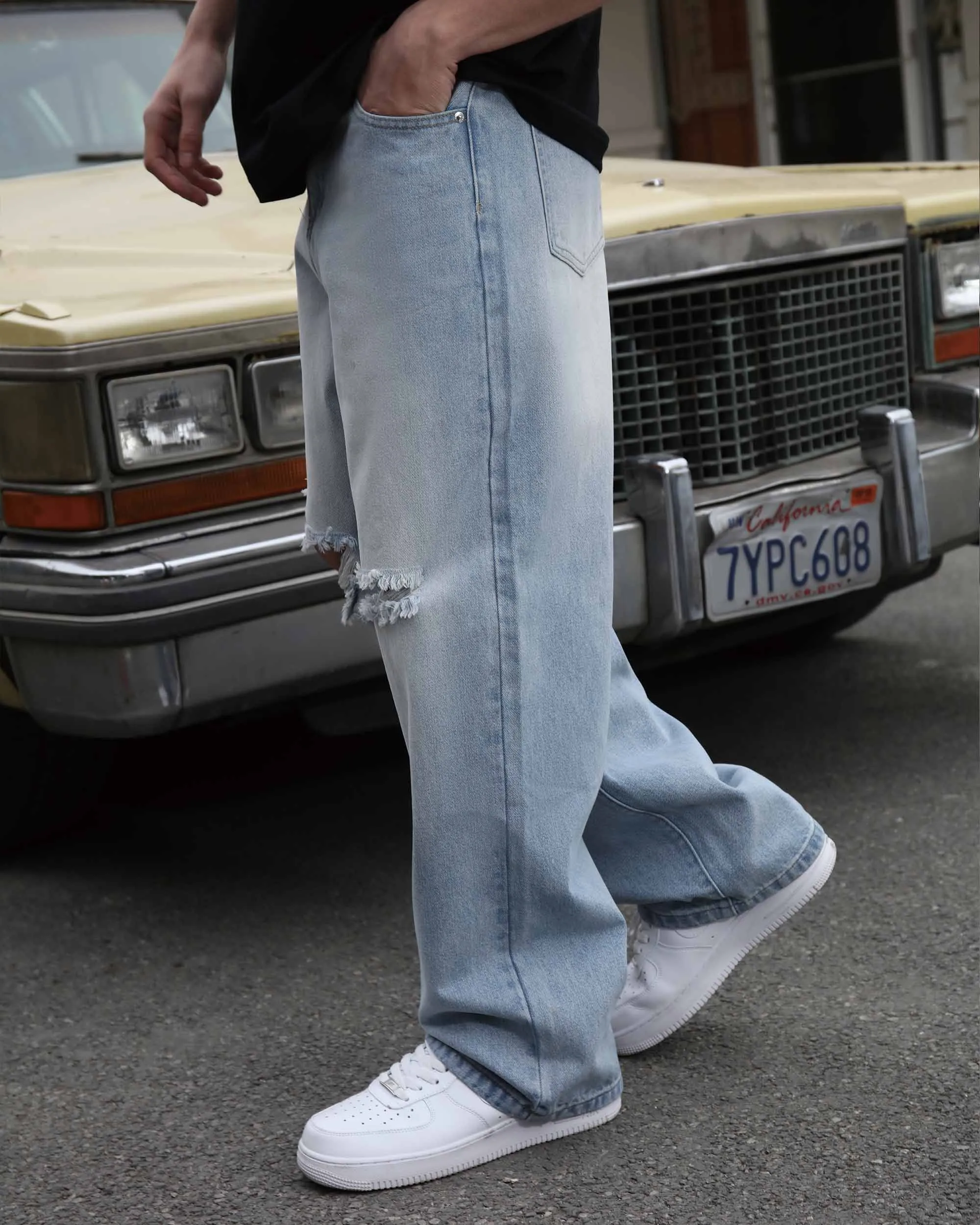 Casual and Versatile Blue Ripped Baggy Jeans-Mexico Local Delivery
