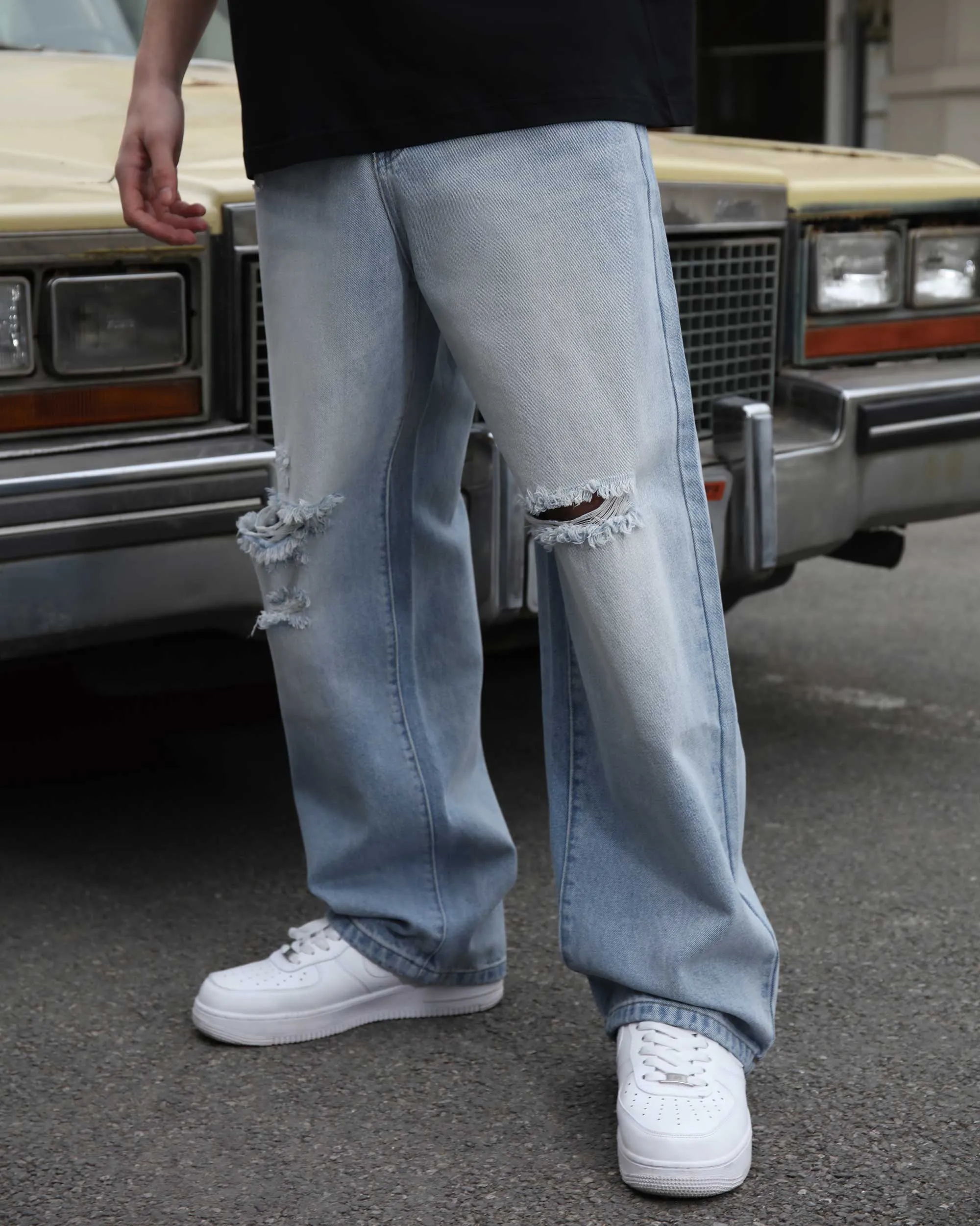Casual and Versatile Blue Ripped Baggy Jeans-Mexico Local Delivery