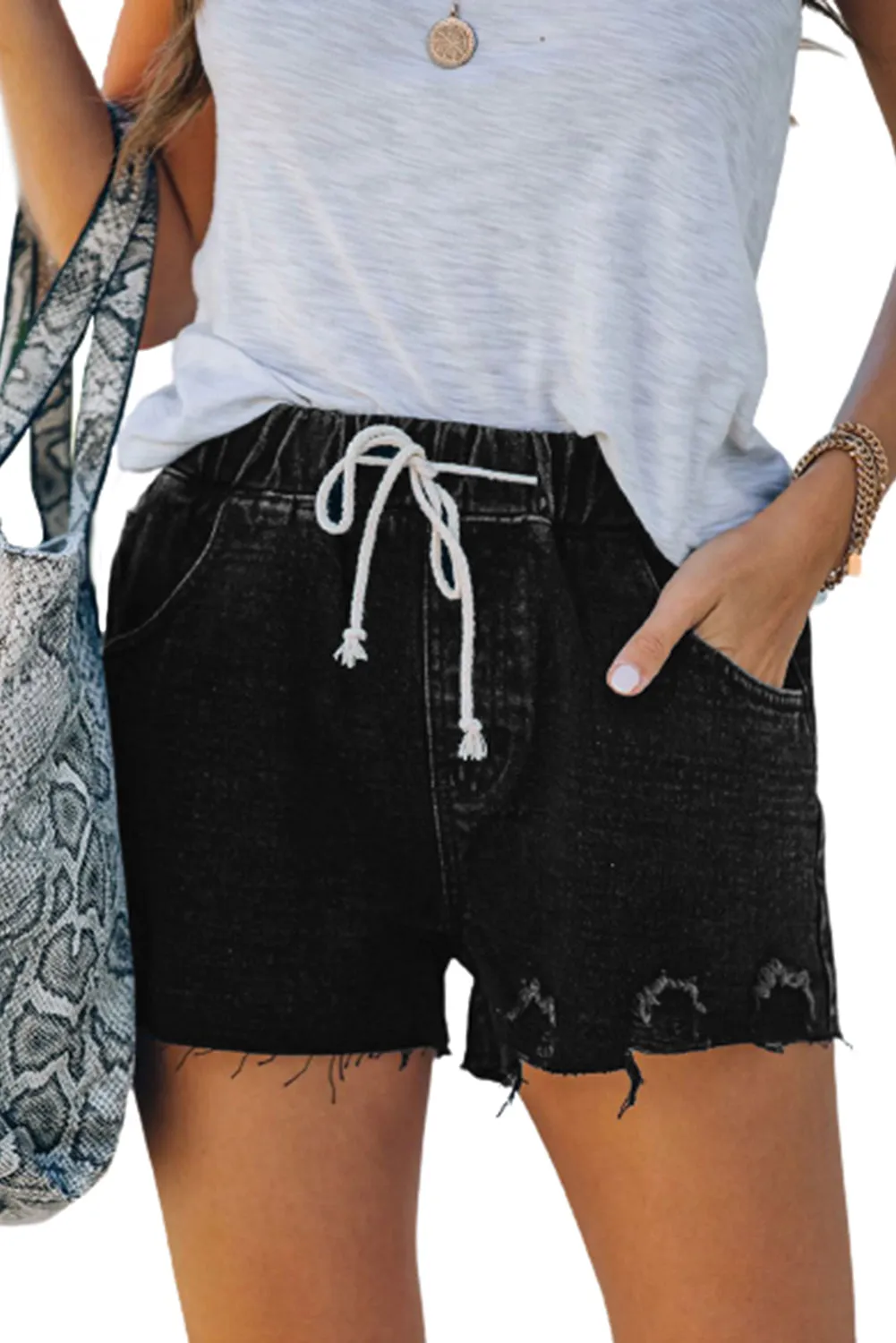 Elastic Waist Drawstring Distressed Denim Shorts