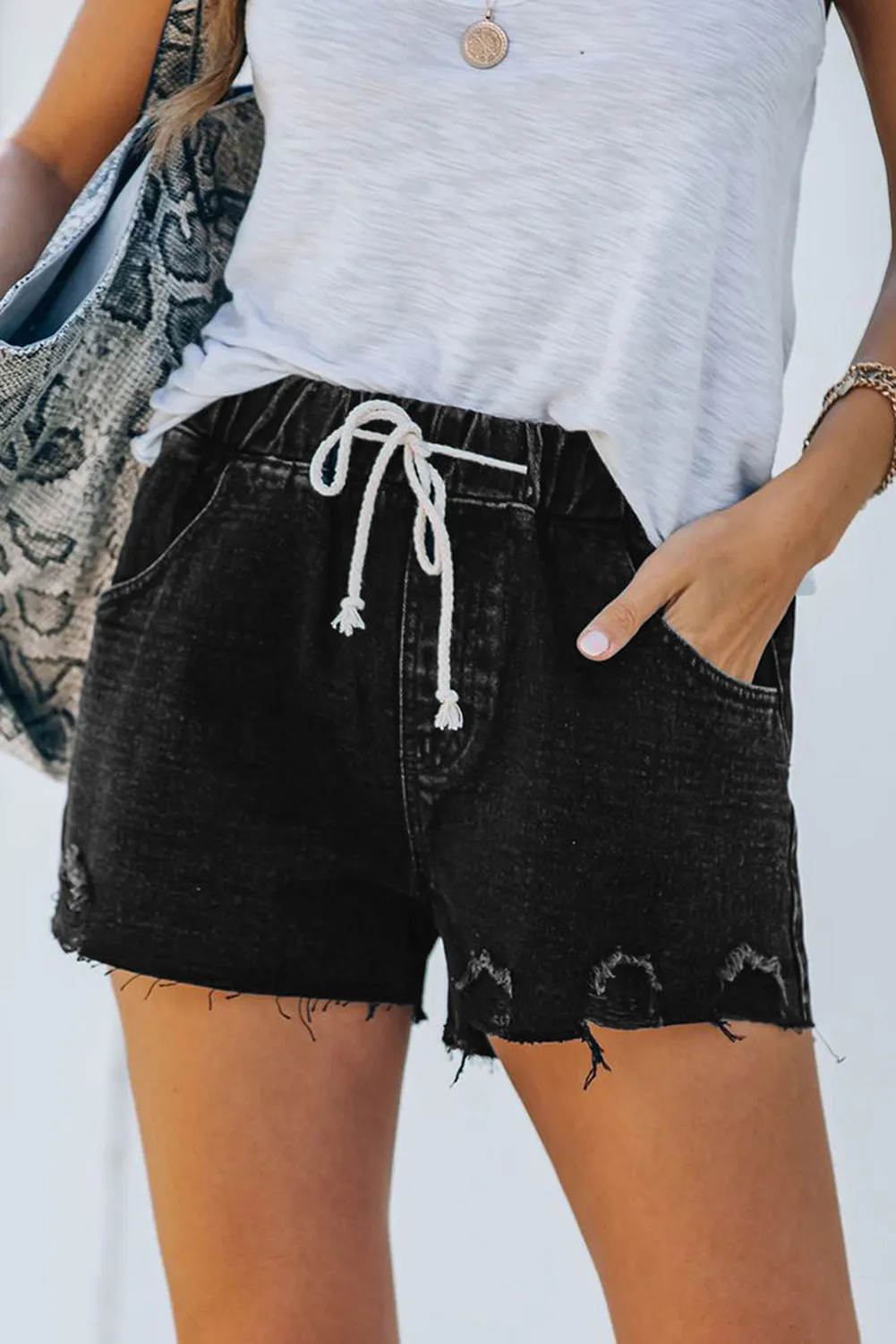 Elastic Waist Drawstring Distressed Denim Shorts