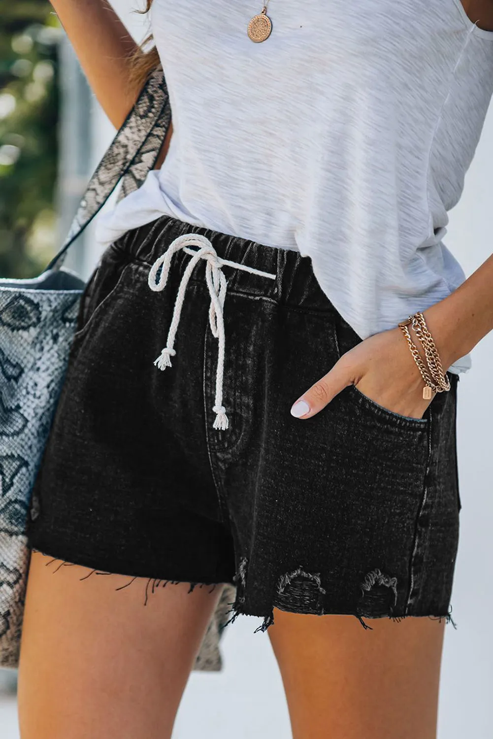 Elastic Waist Drawstring Distressed Denim Shorts