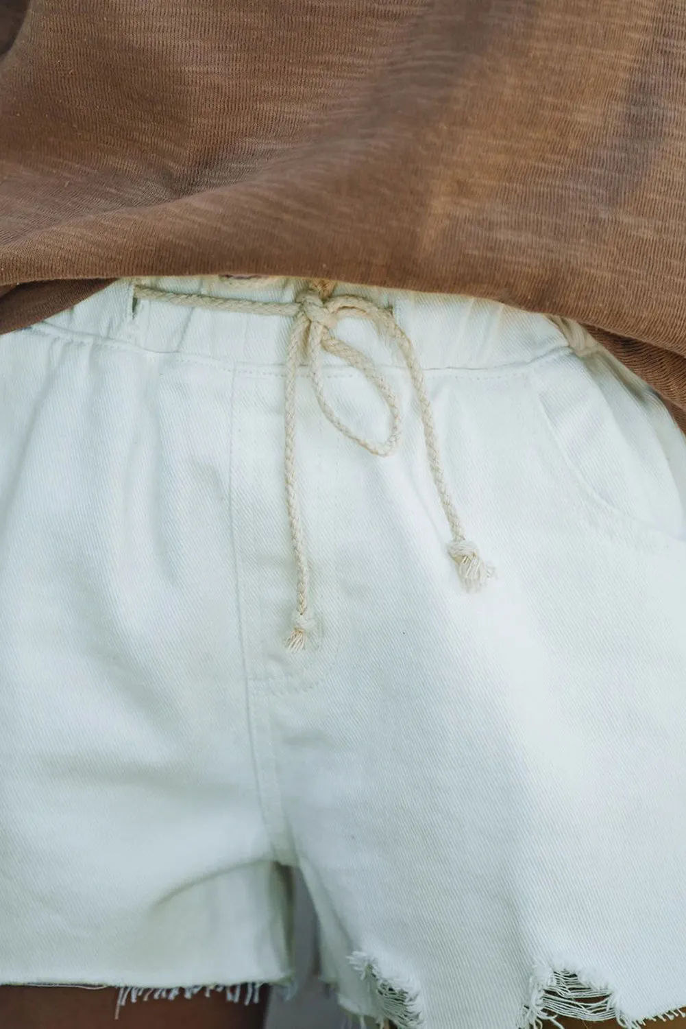 Elastic Waist Drawstring Distressed Denim Shorts
