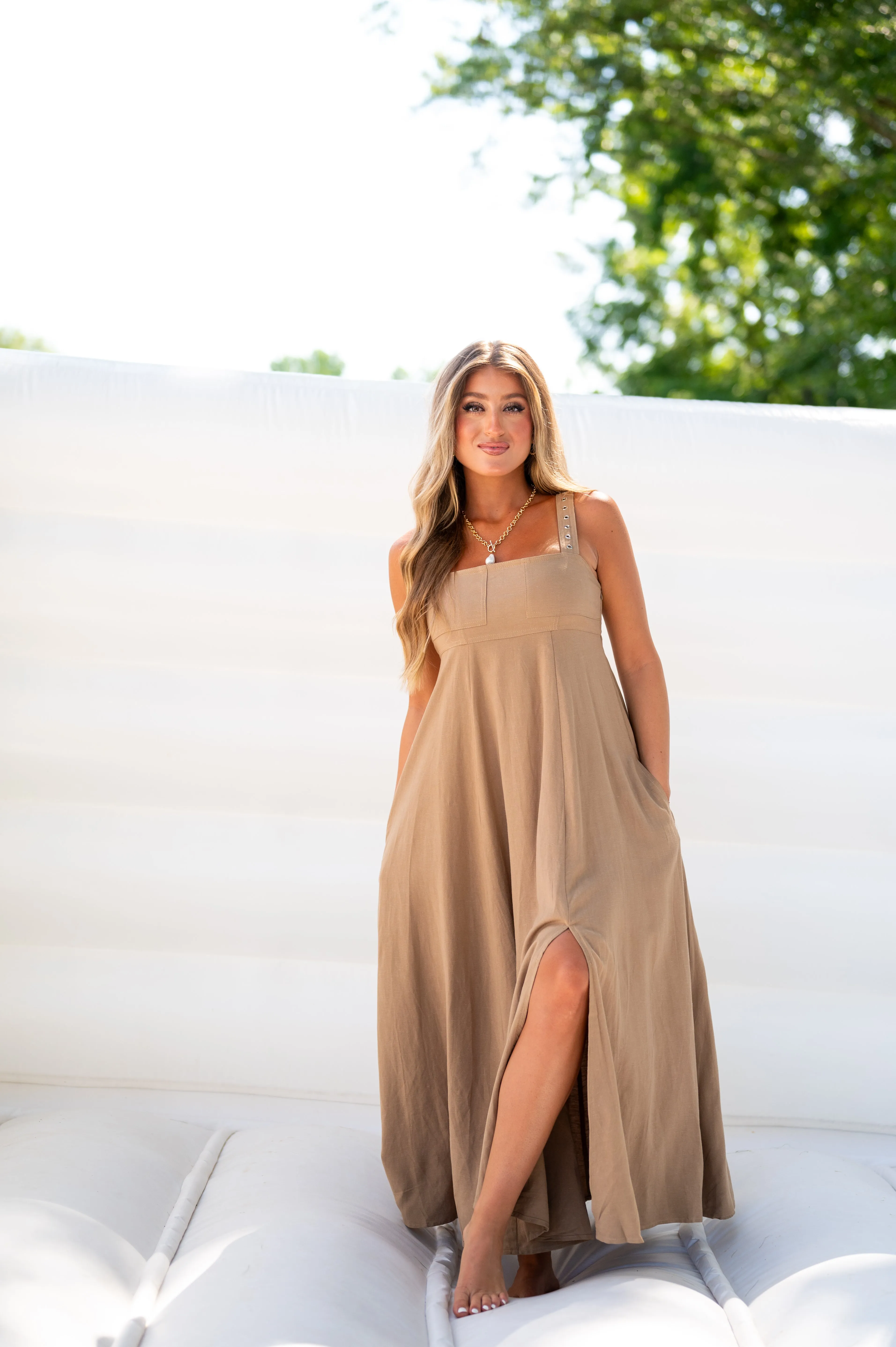 European Summer Maxi Slit Dress-Tan
