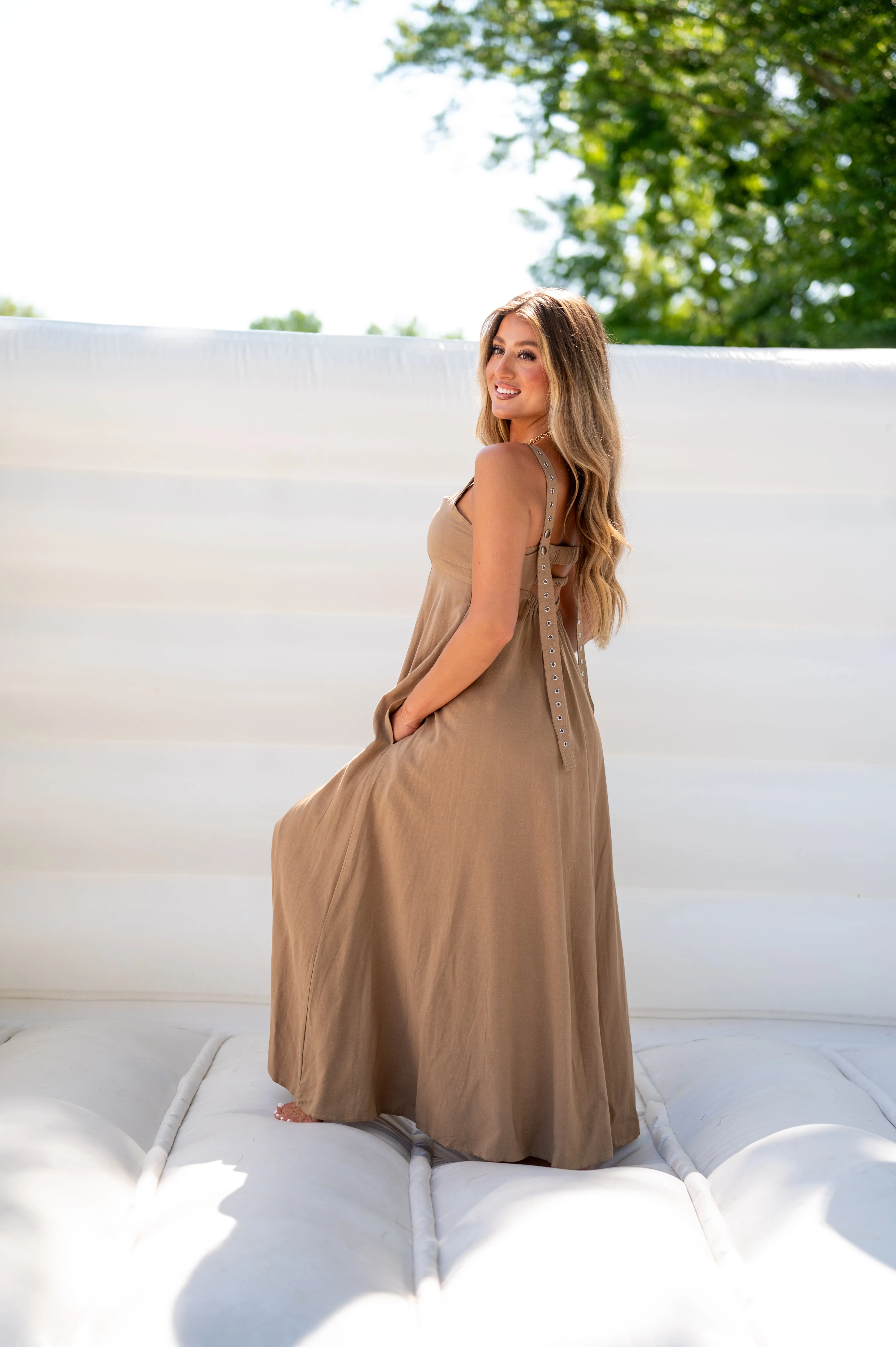 European Summer Maxi Slit Dress-Tan