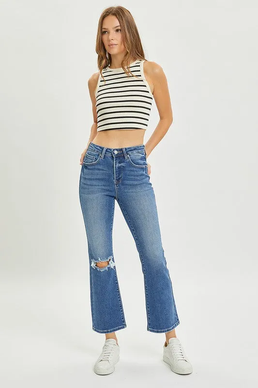 Flared Distressed Knee Risen Jeans