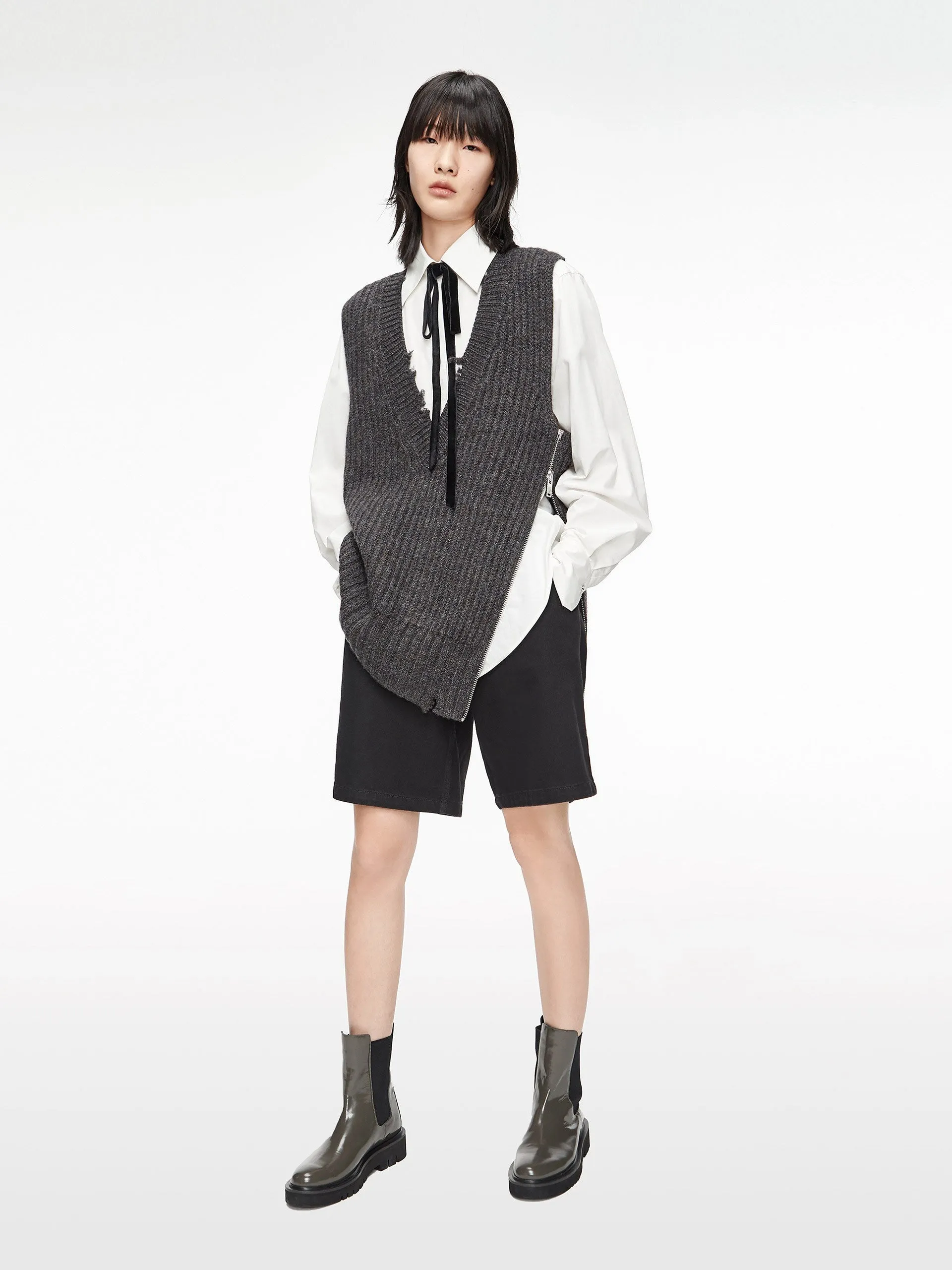 Frayed V-Neck Wool Knit Vest