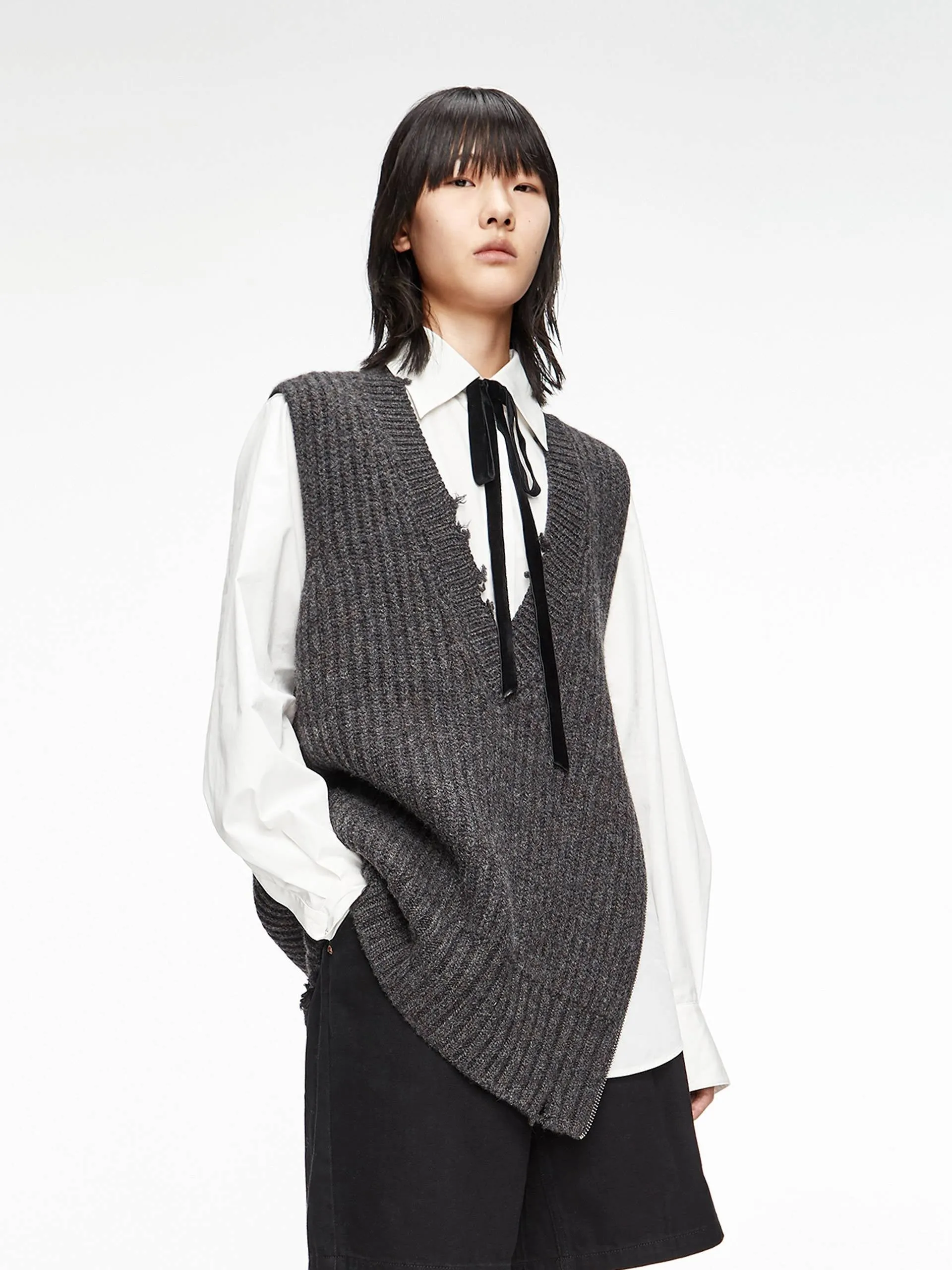 Frayed V-Neck Wool Knit Vest