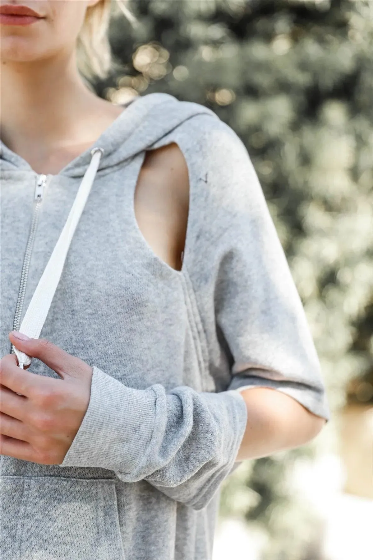 Grey Casual Cut-Out Sleeves Zip-Up Hoodie Sweatshirt /2-2-1
