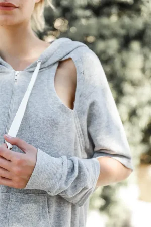 Grey Casual Cut-Out Sleeves Zip-Up Hoodie Sweatshirt /2-2-1