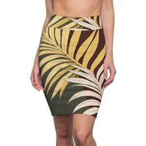 High Waist Womens Pencil Skirt - Contour Stretch - Palm Tree Leaves Green Burgundy Background Minimalist Art