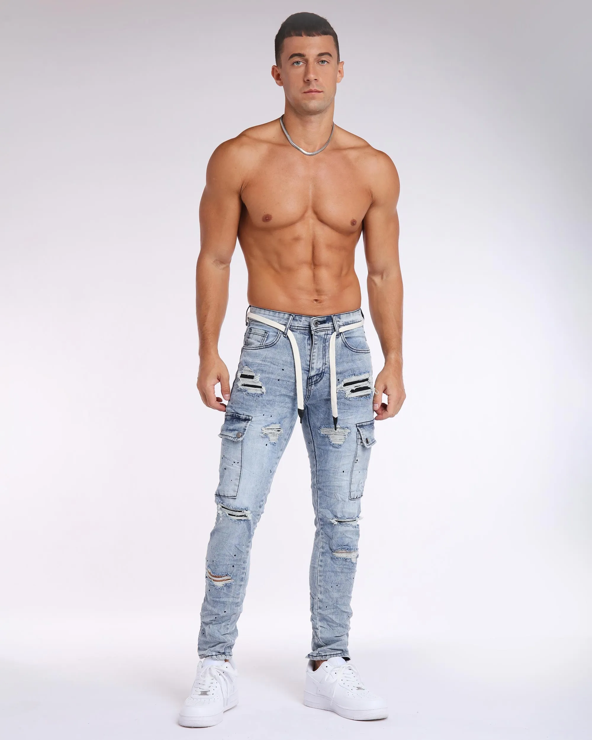 Irregular Spray Paint Workwear Blue Ripped Jeans