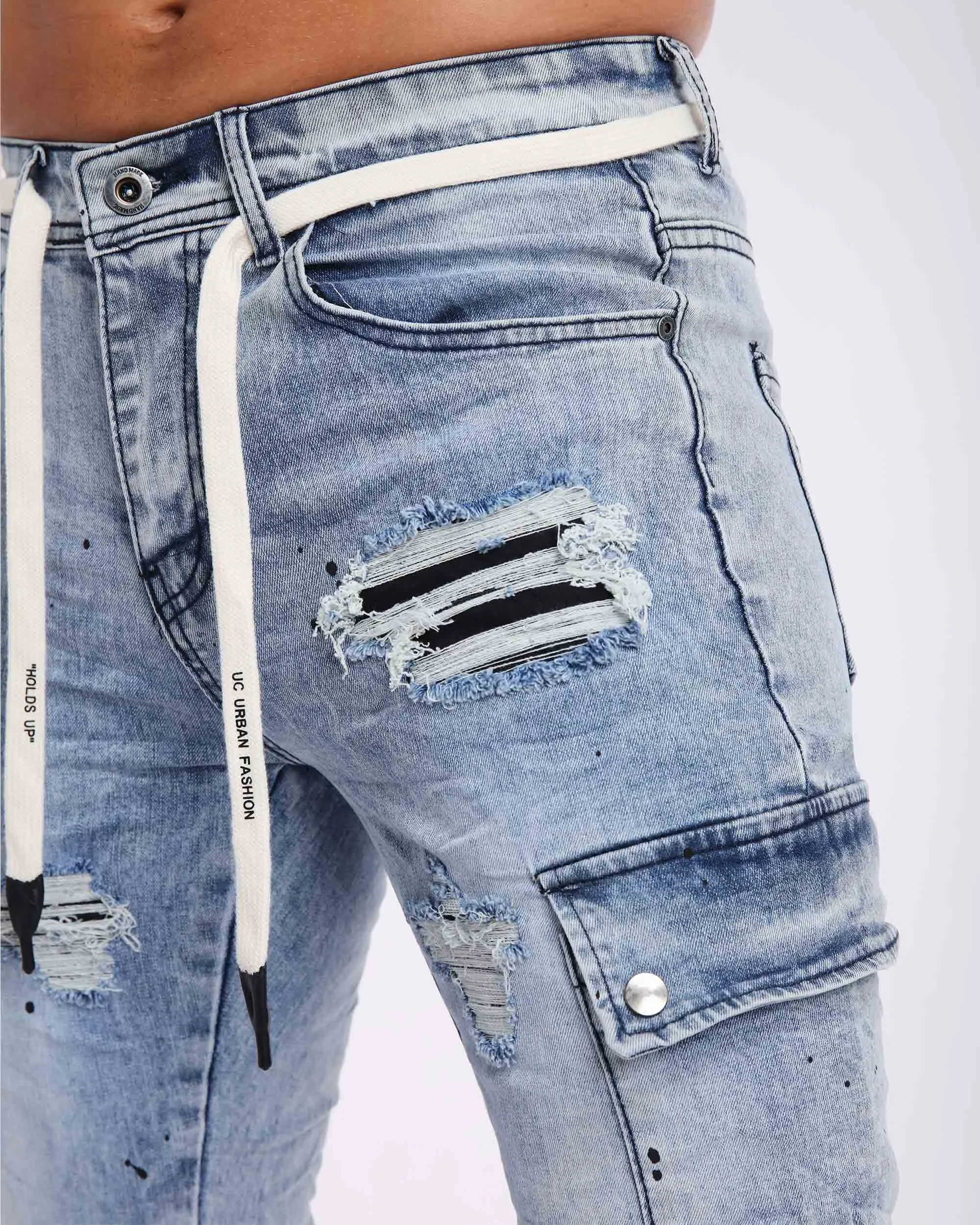 Irregular Spray Paint Workwear Blue Ripped Jeans
