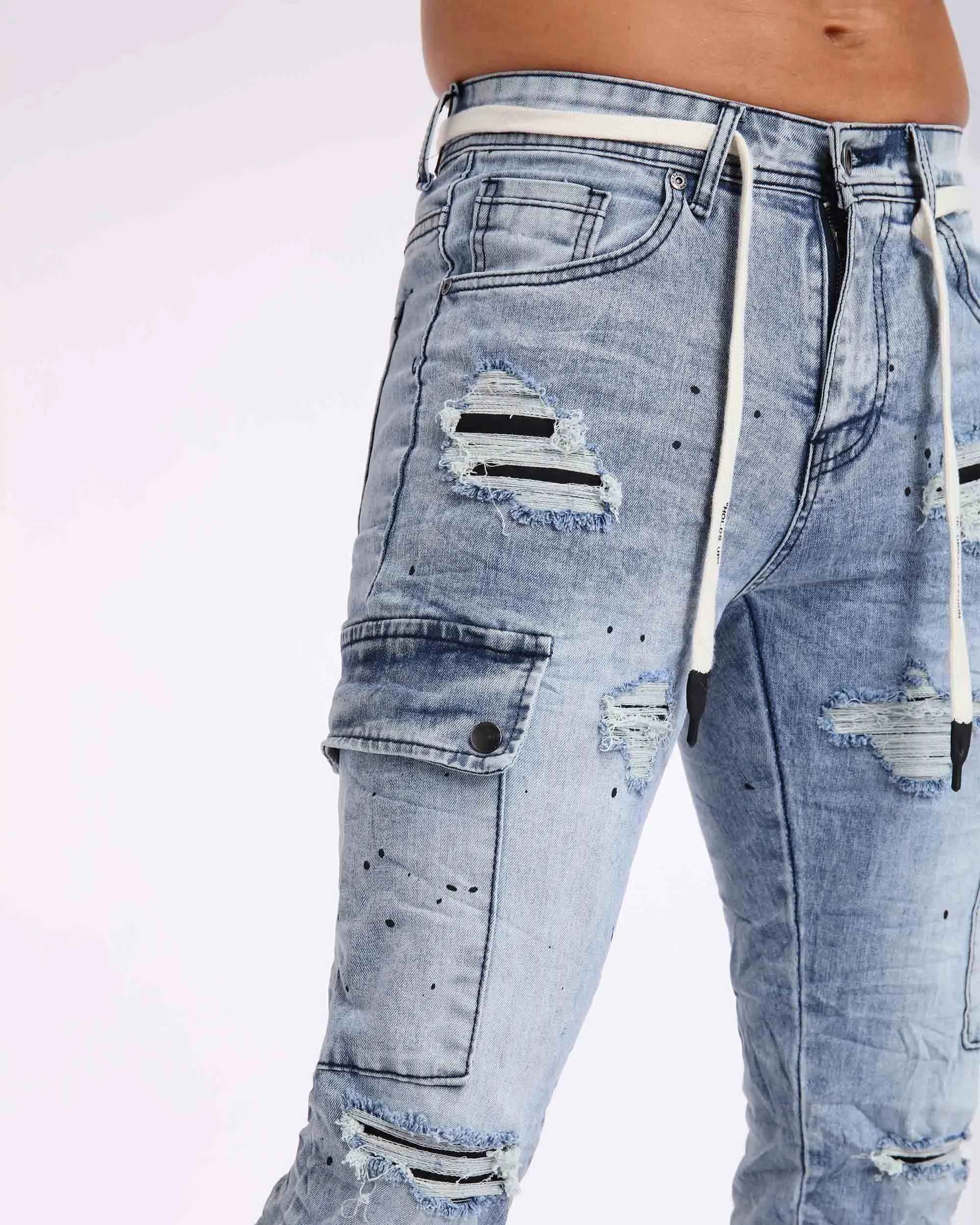 Irregular Spray Paint Workwear Blue Ripped Jeans