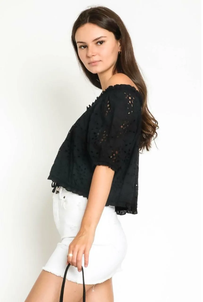 Kaylee Black Eyelet Off-the-Shoulder Crop Top
