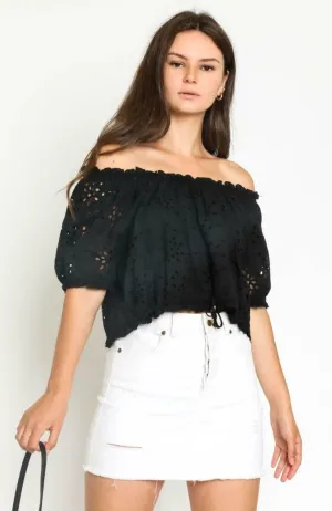 Kaylee Black Eyelet Off-the-Shoulder Crop Top