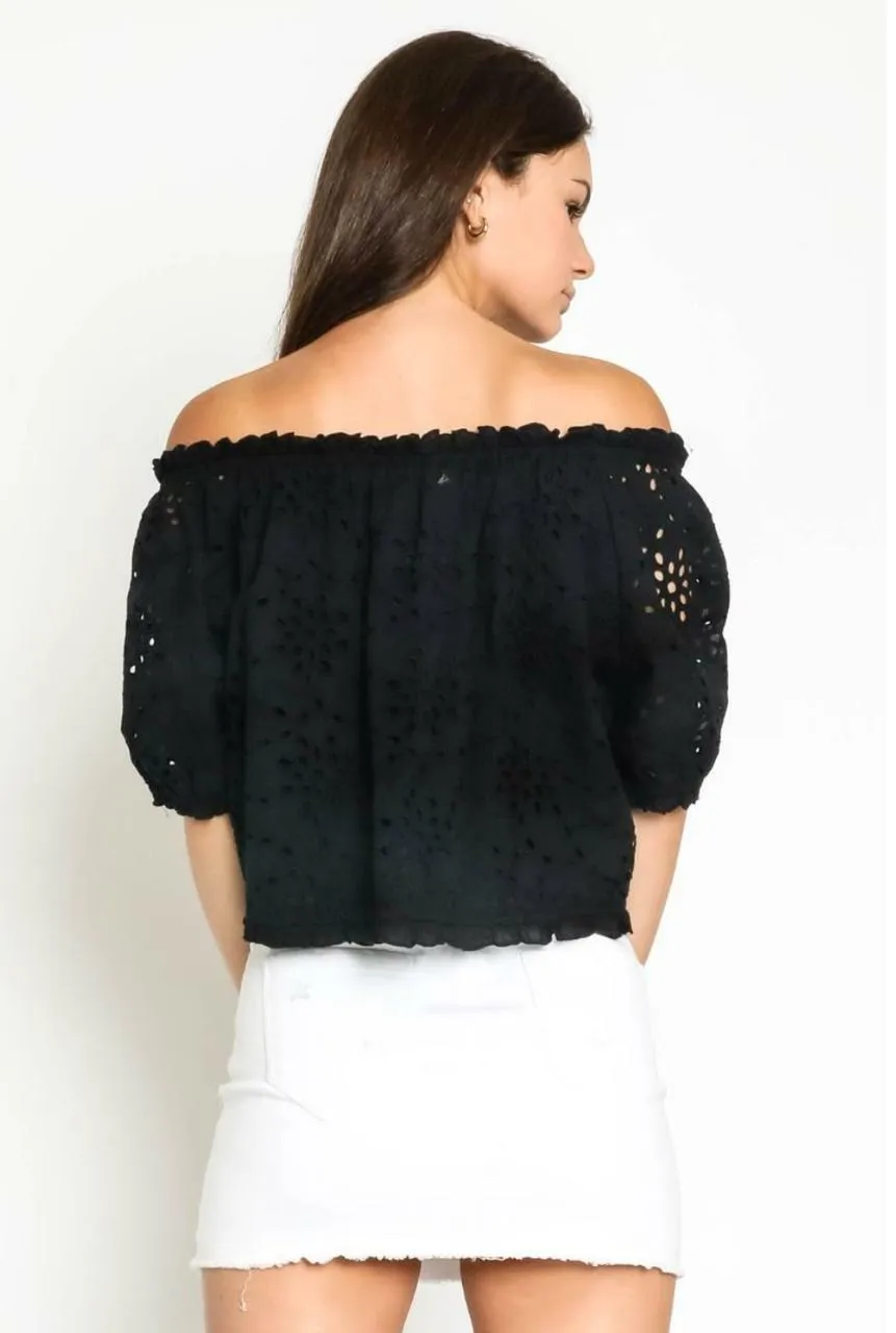 Kaylee Black Eyelet Off-the-Shoulder Crop Top