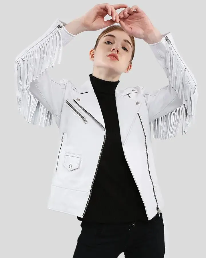 Layla White Fringe Biker Leather Jacket