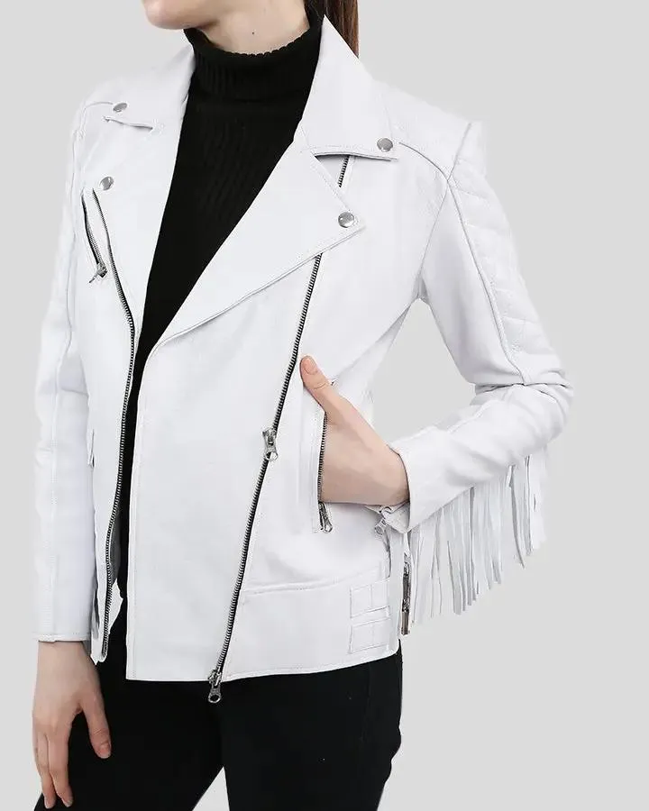 Layla White Fringe Biker Leather Jacket