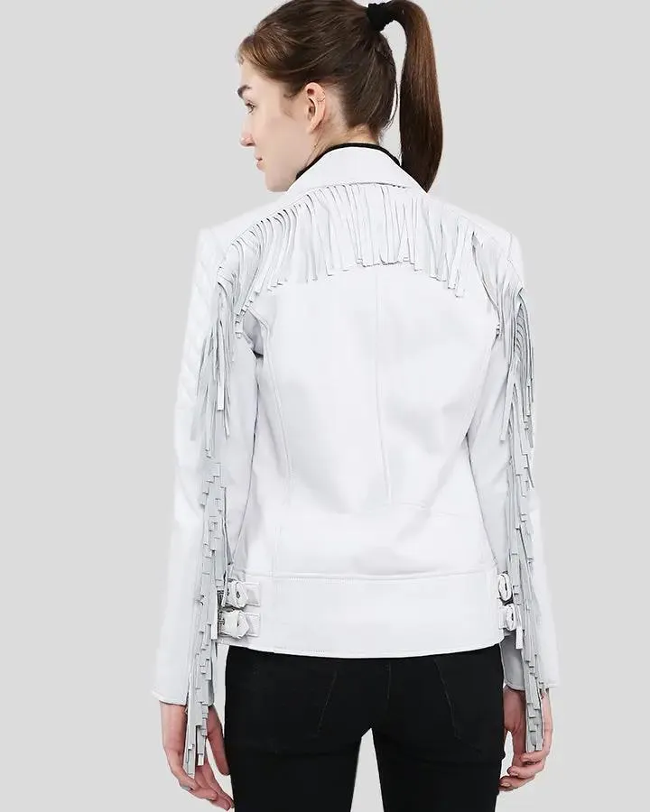 Layla White Fringe Biker Leather Jacket