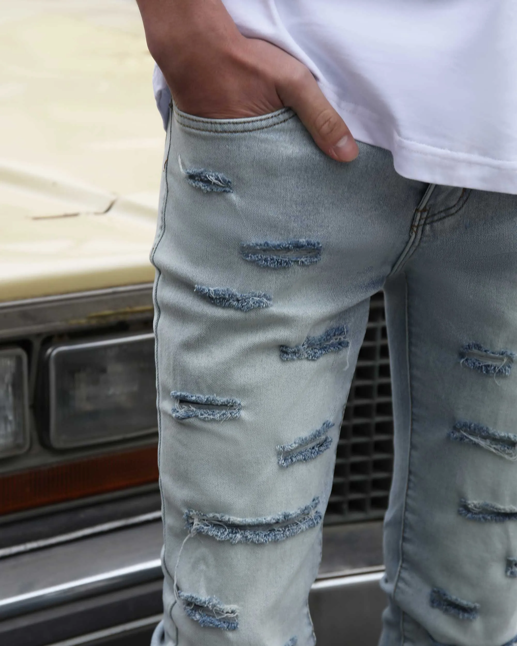 Light Wash Blue Flared Jeans with Cut-to-Shape Ripped-Mexico Local Delivery