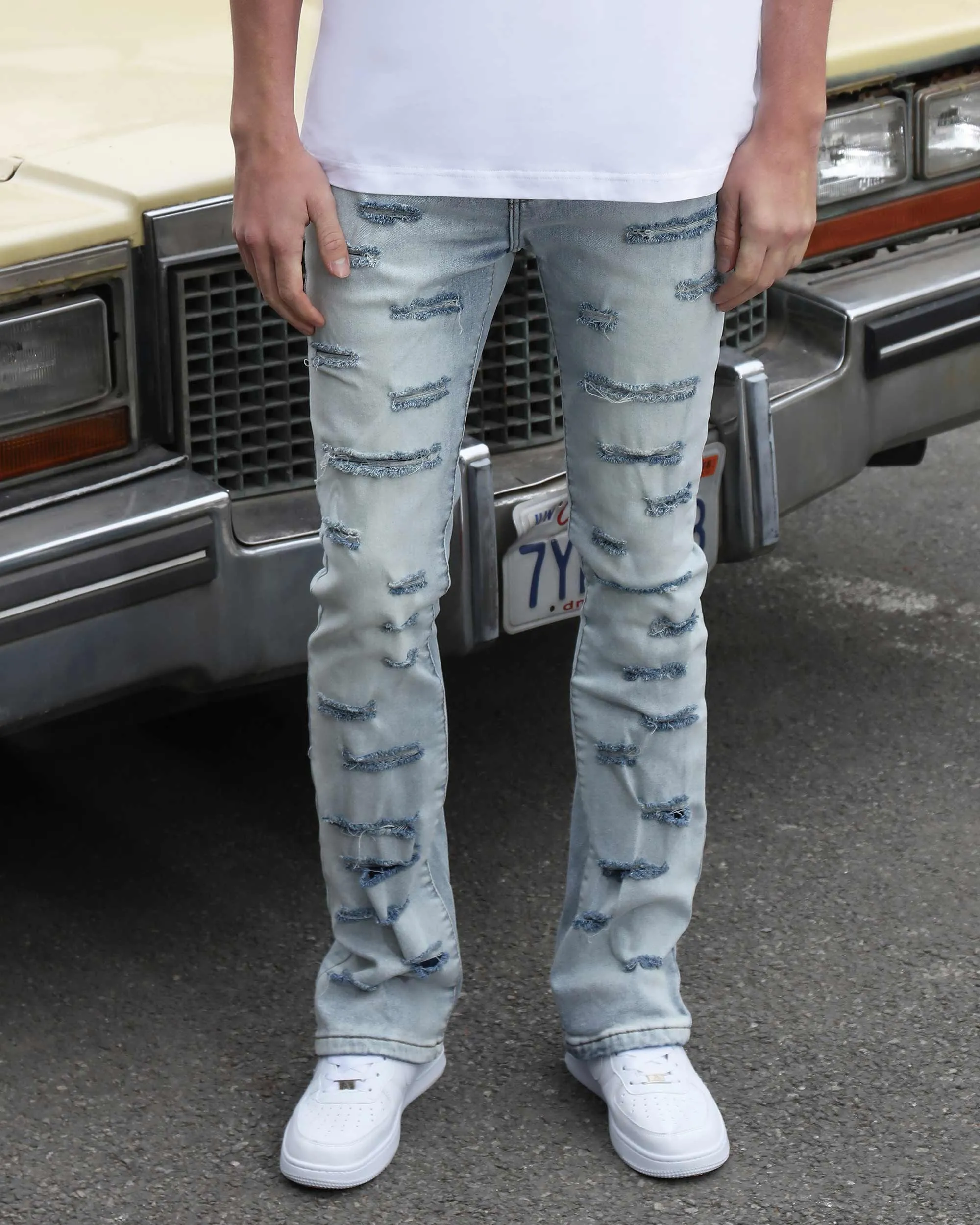 Light Wash Blue Flared Jeans with Cut-to-Shape Ripped-Mexico Local Delivery