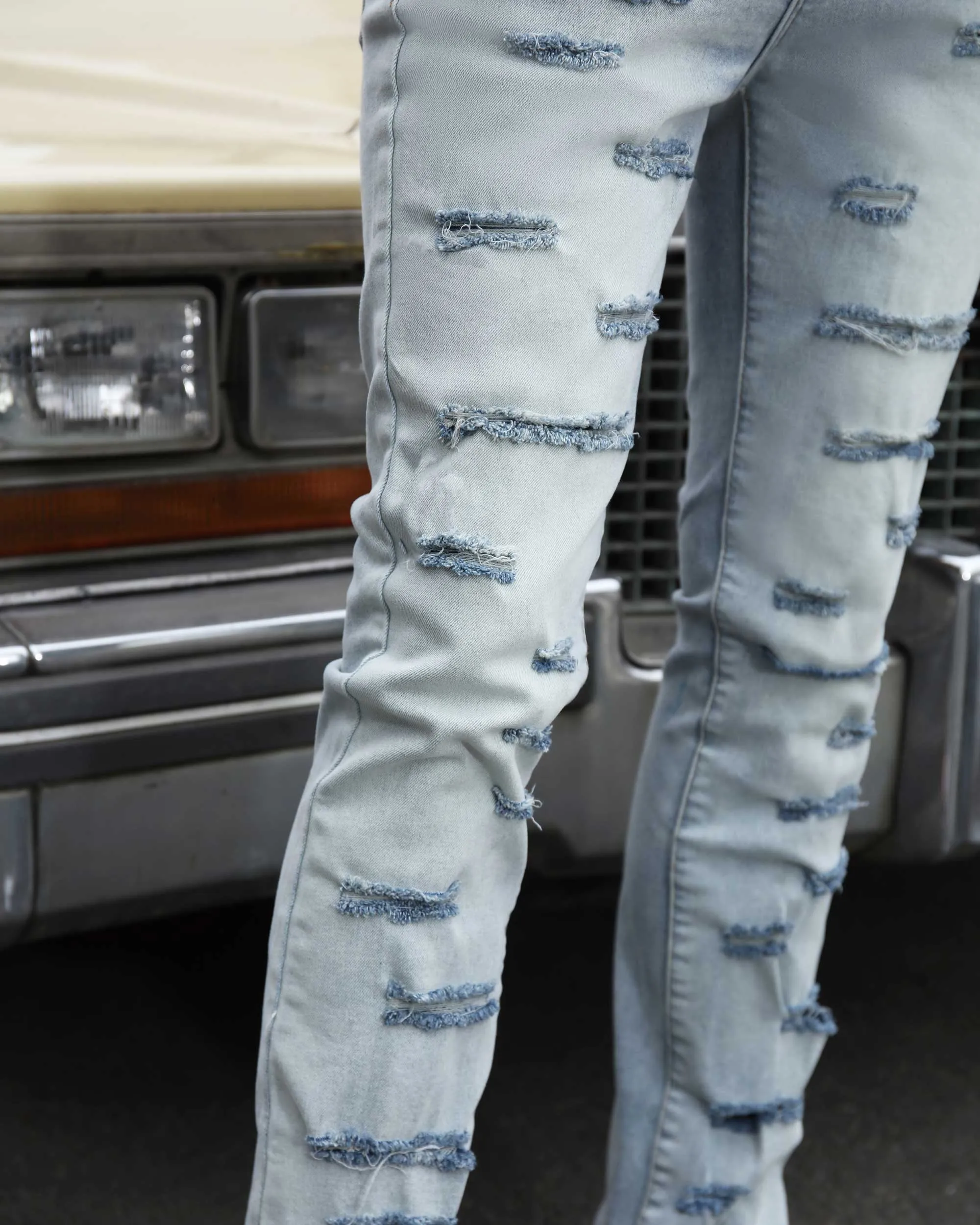 Light Wash Blue Flared Jeans with Cut-to-Shape Ripped-Mexico Local Delivery