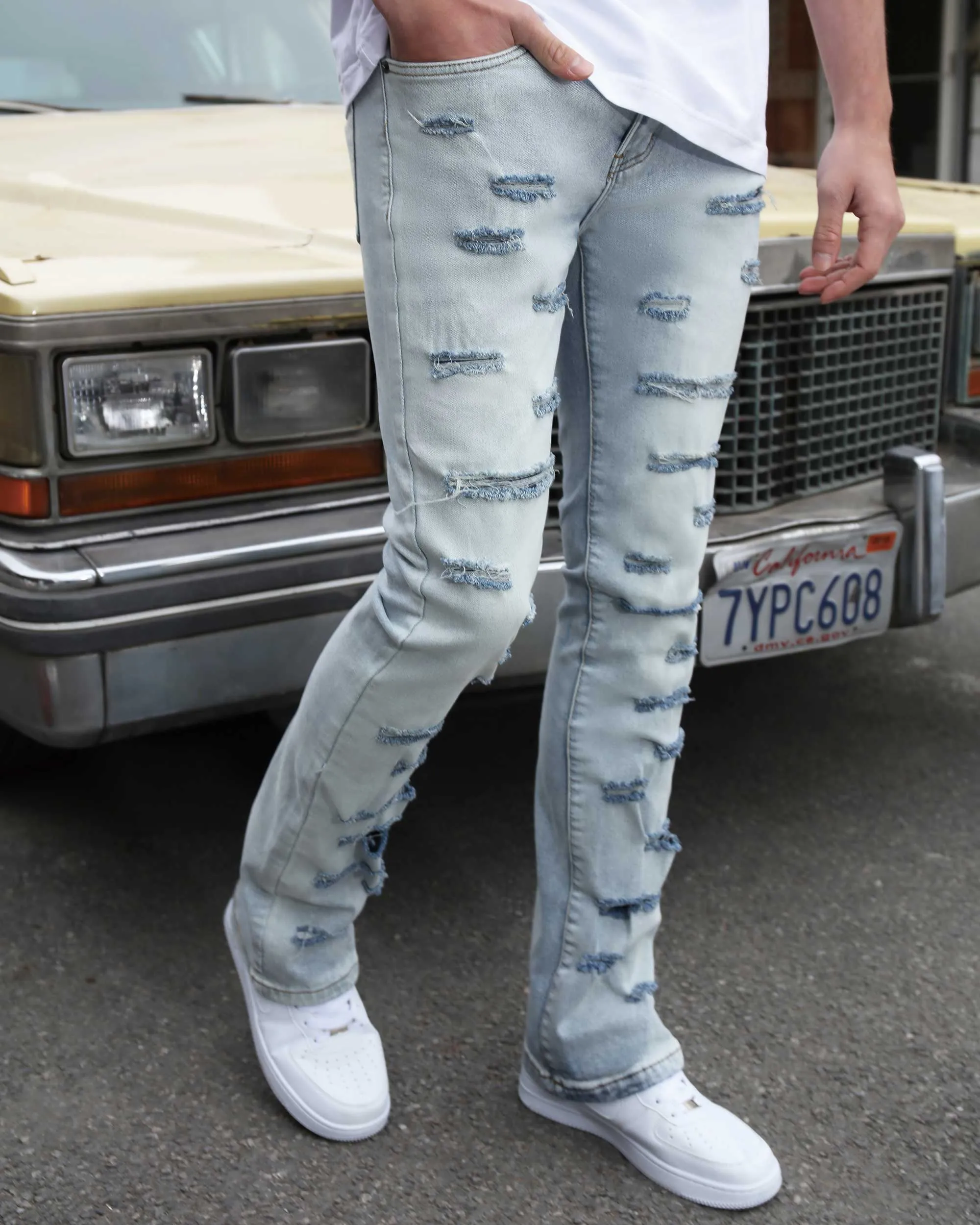 Light Wash Blue Flared Jeans with Cut-to-Shape Ripped-Mexico Local Delivery