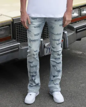 Light Wash Blue Flared Jeans with Cut-to-Shape Ripped-Mexico Local Delivery