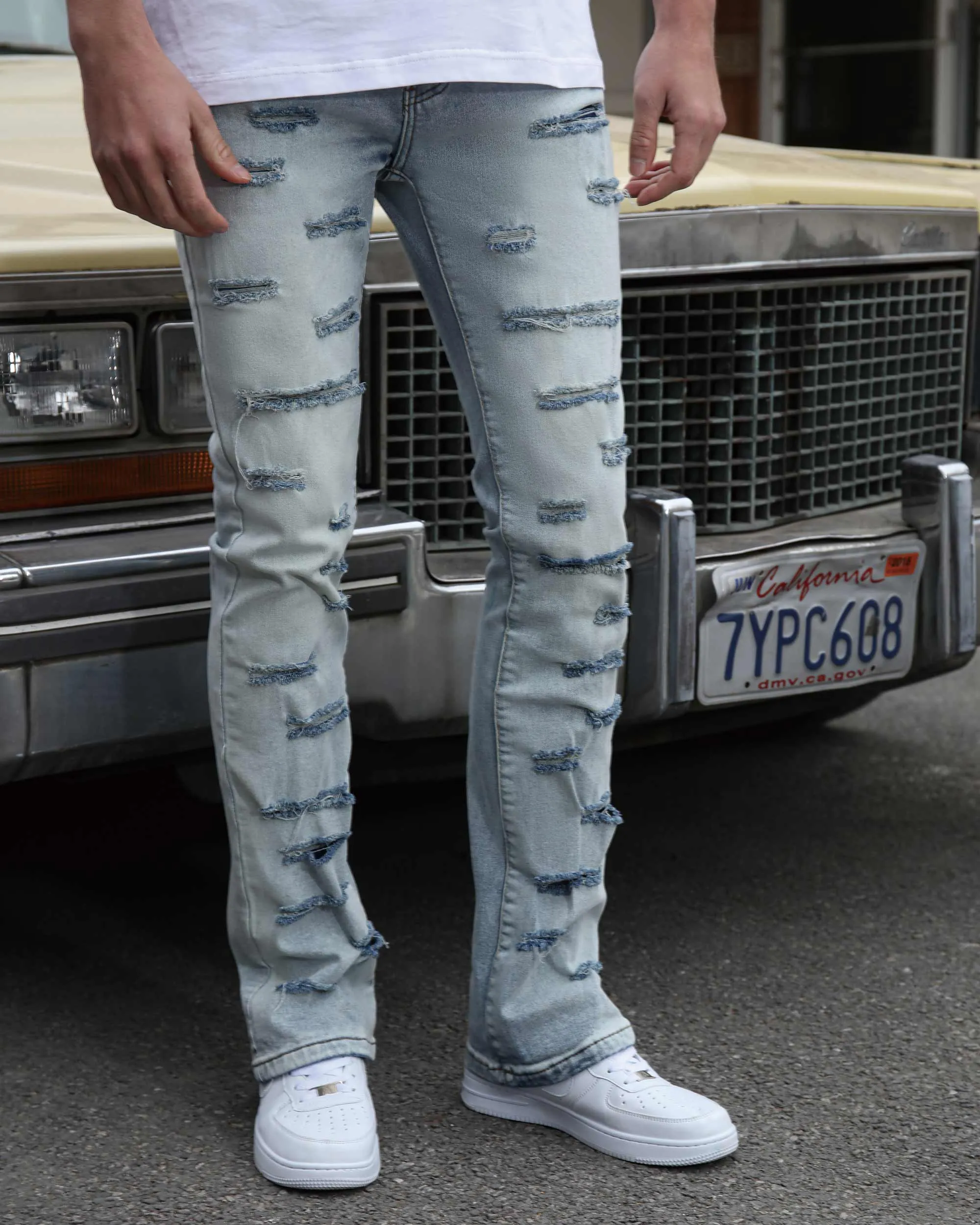 Light Wash Blue Flared Jeans with Cut-to-Shape Ripped-Mexico Local Delivery