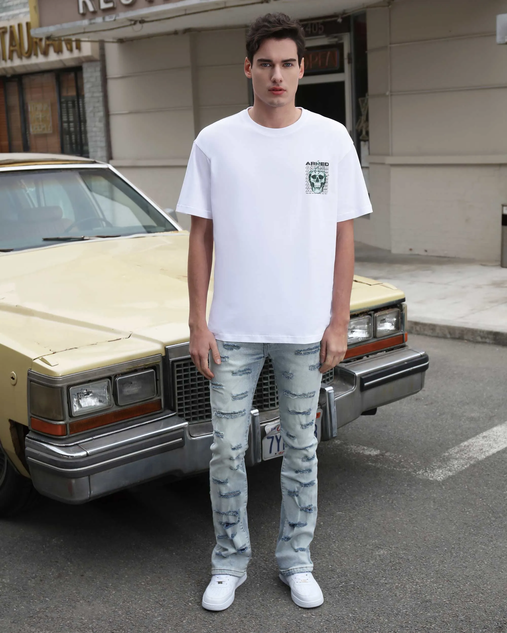 Light Wash Blue Flared Jeans with Cut-to-Shape Ripped-Mexico Local Delivery