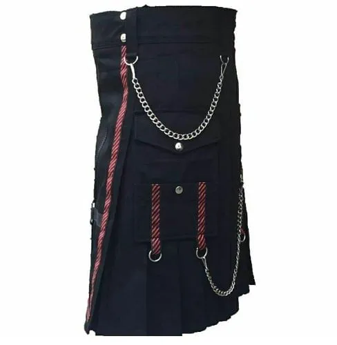 Men Scottish Black two Tone Fashion Chain Utility Kilt drilled Cotton