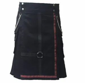 Men Scottish Black two Tone Fashion Chain Utility Kilt drilled Cotton