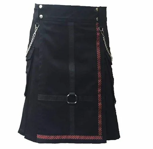 Men Scottish Black two Tone Fashion Chain Utility Kilt drilled Cotton
