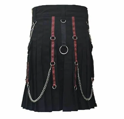 Men Scottish Black two Tone Fashion Chain Utility Kilt drilled Cotton