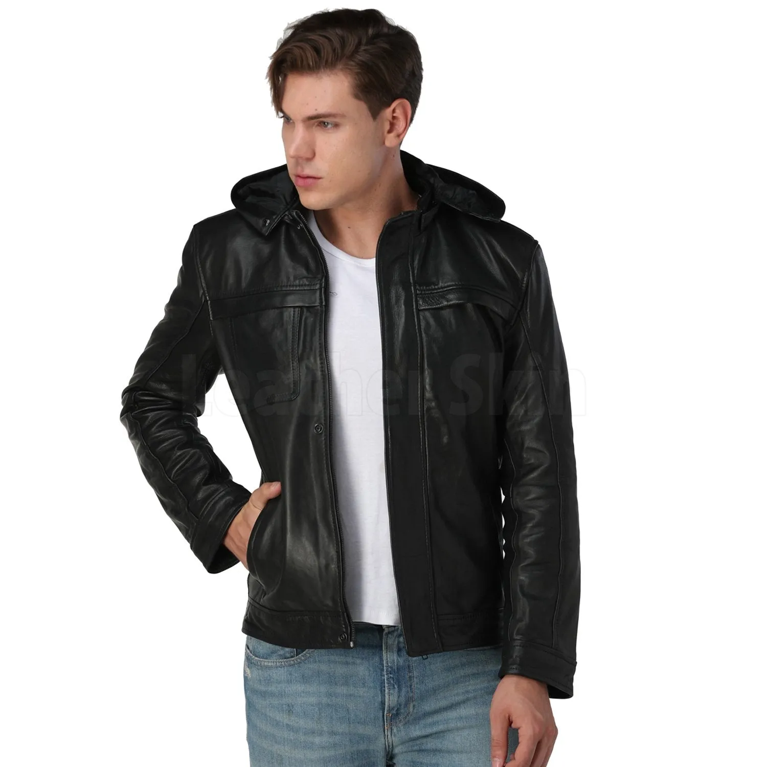 Men’s Black Hooded Leather Jacket