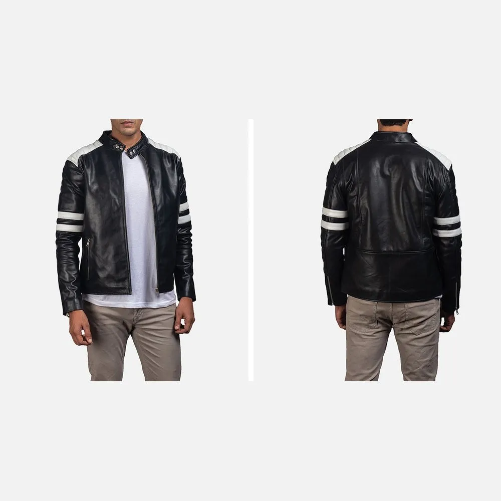Monza Black & White Leather Biker Jacket Up to 5XL