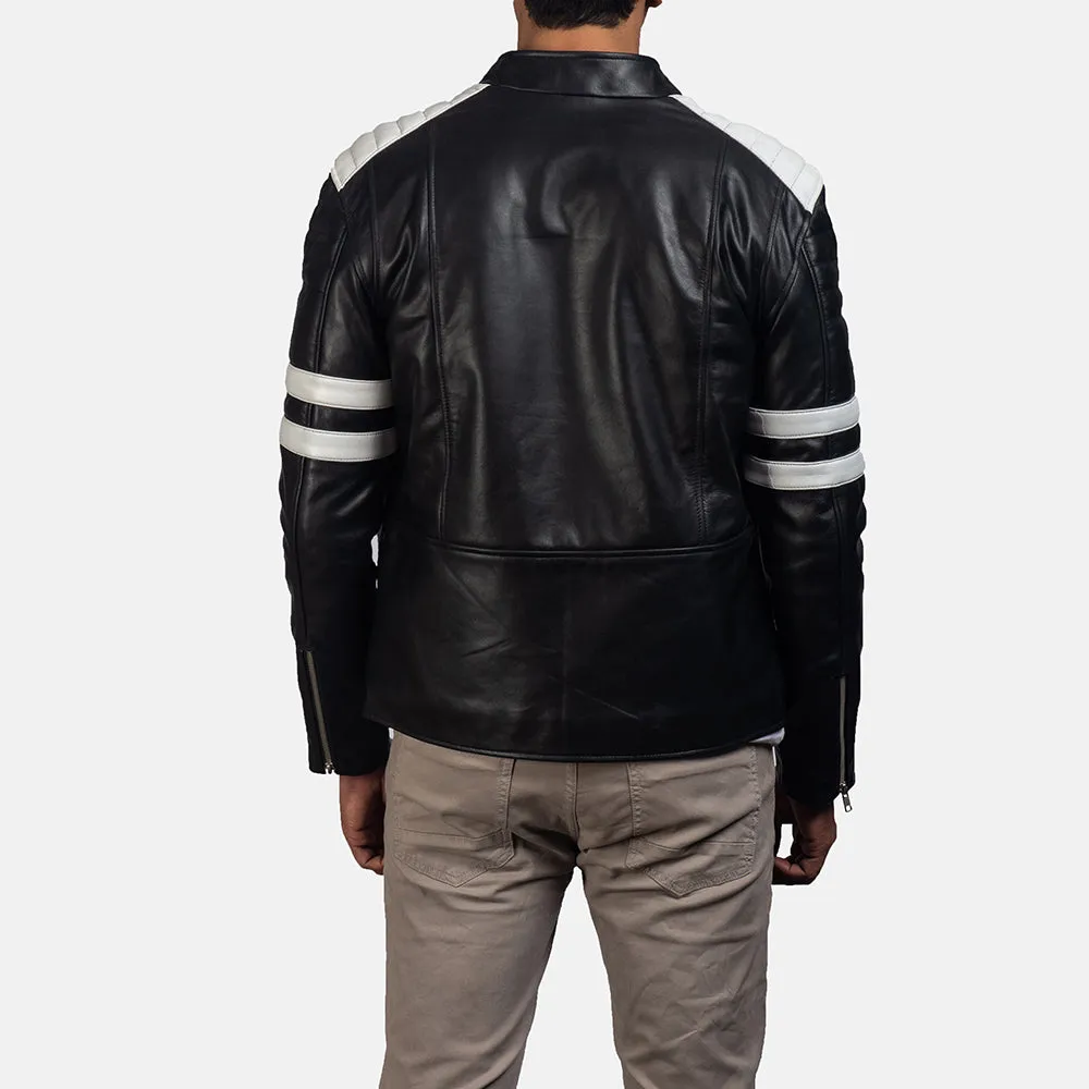 Monza Black & White Leather Biker Jacket Up to 5XL