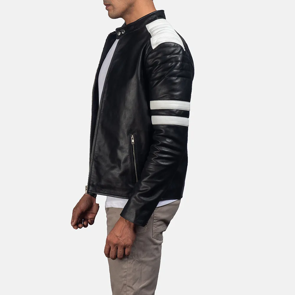 Monza Black & White Leather Biker Jacket Up to 5XL