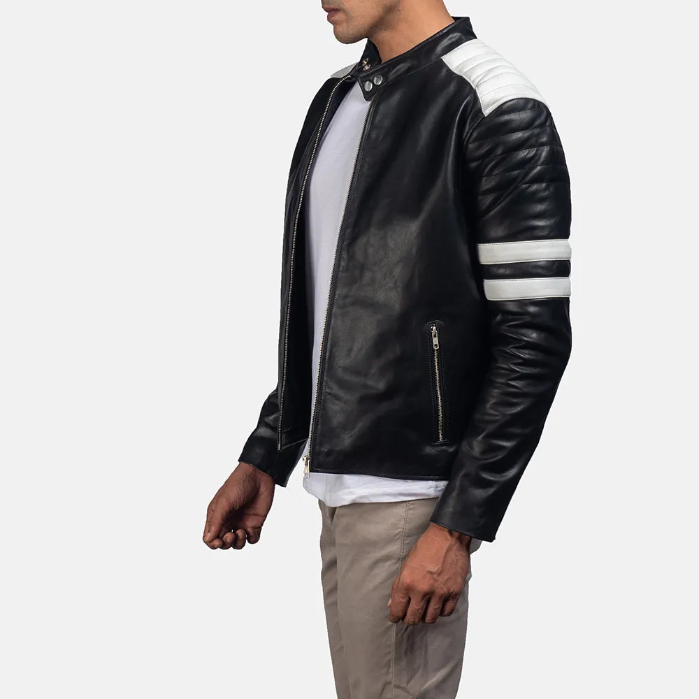 Monza Black & White Leather Biker Jacket Up to 5XL