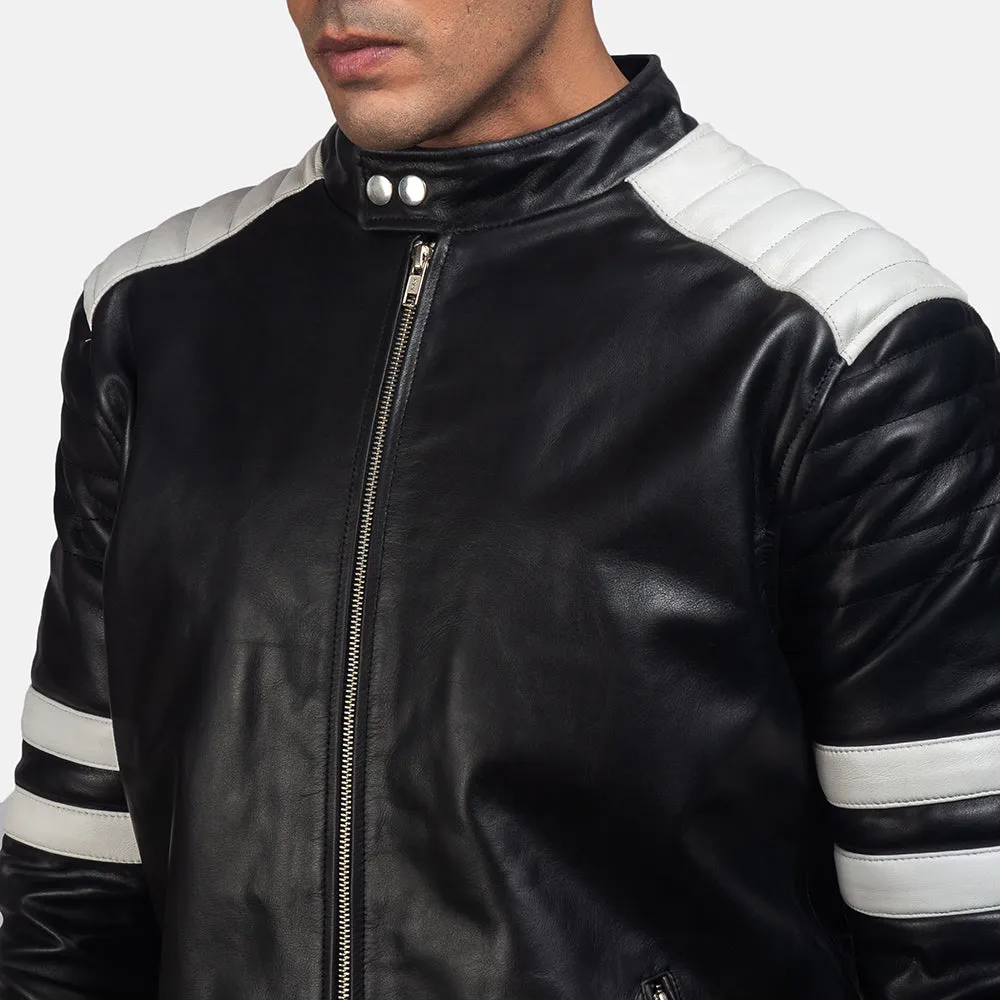 Monza Black & White Leather Biker Jacket Up to 5XL
