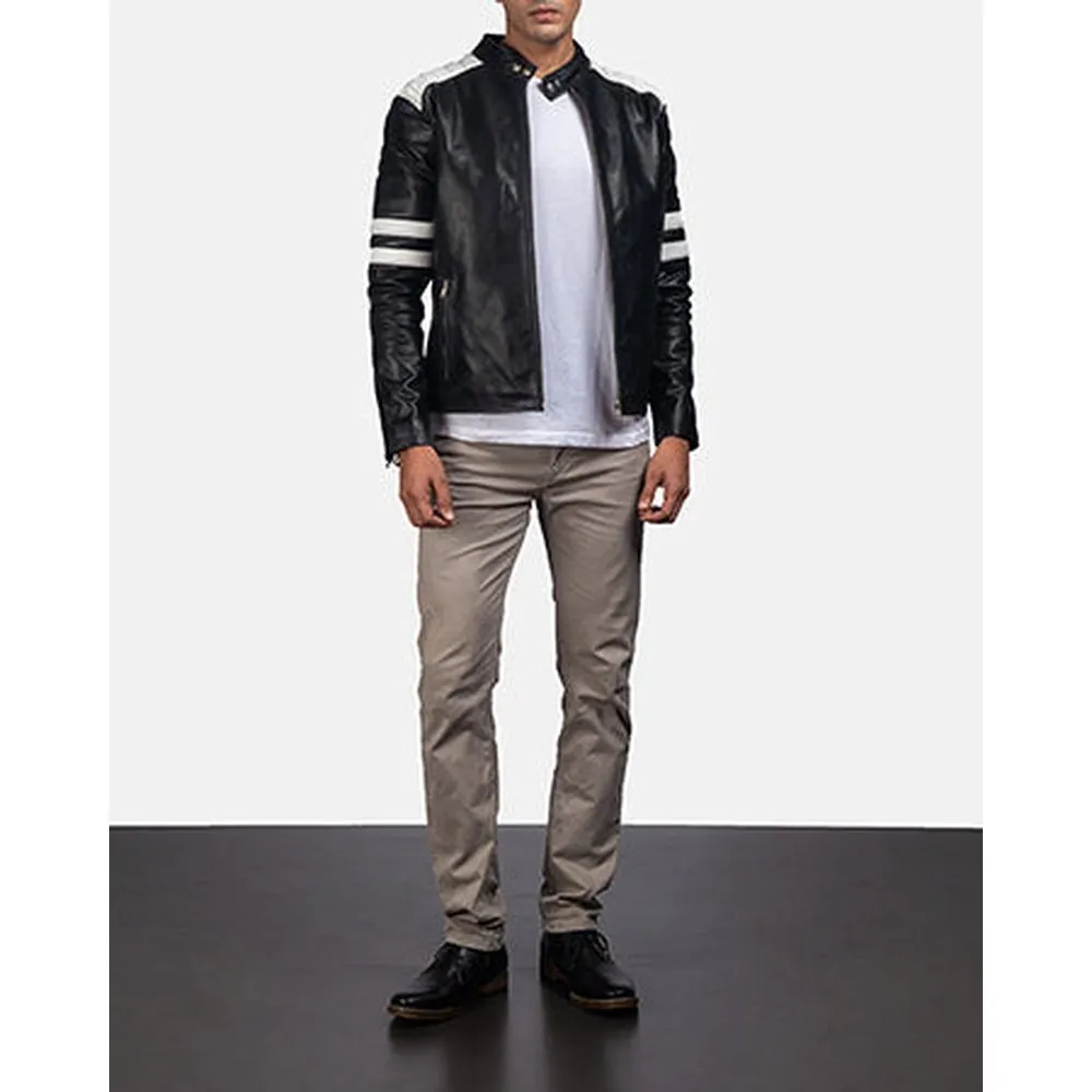 Monza Black & White Leather Biker Jacket Up to 5XL