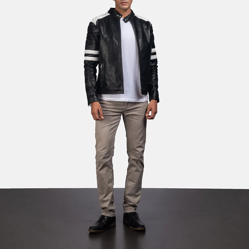 Monza Black & White Leather Biker Jacket Up to 5XL