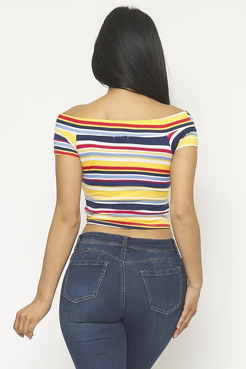 Multi Color Stripe Off Shoulder Crop Top with Short Sleeves and Front Tie Detail (0008957)