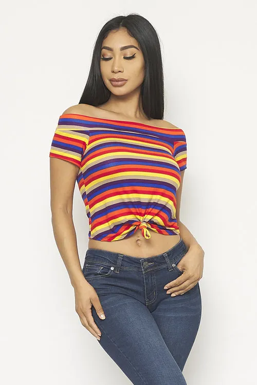 Multi Color Stripe Off Shoulder Crop Top with Short Sleeves and Front Tie Detail (0008957)